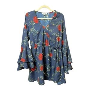 Blush faux wrap mini dress long sleeve two tier bell sleeve. L